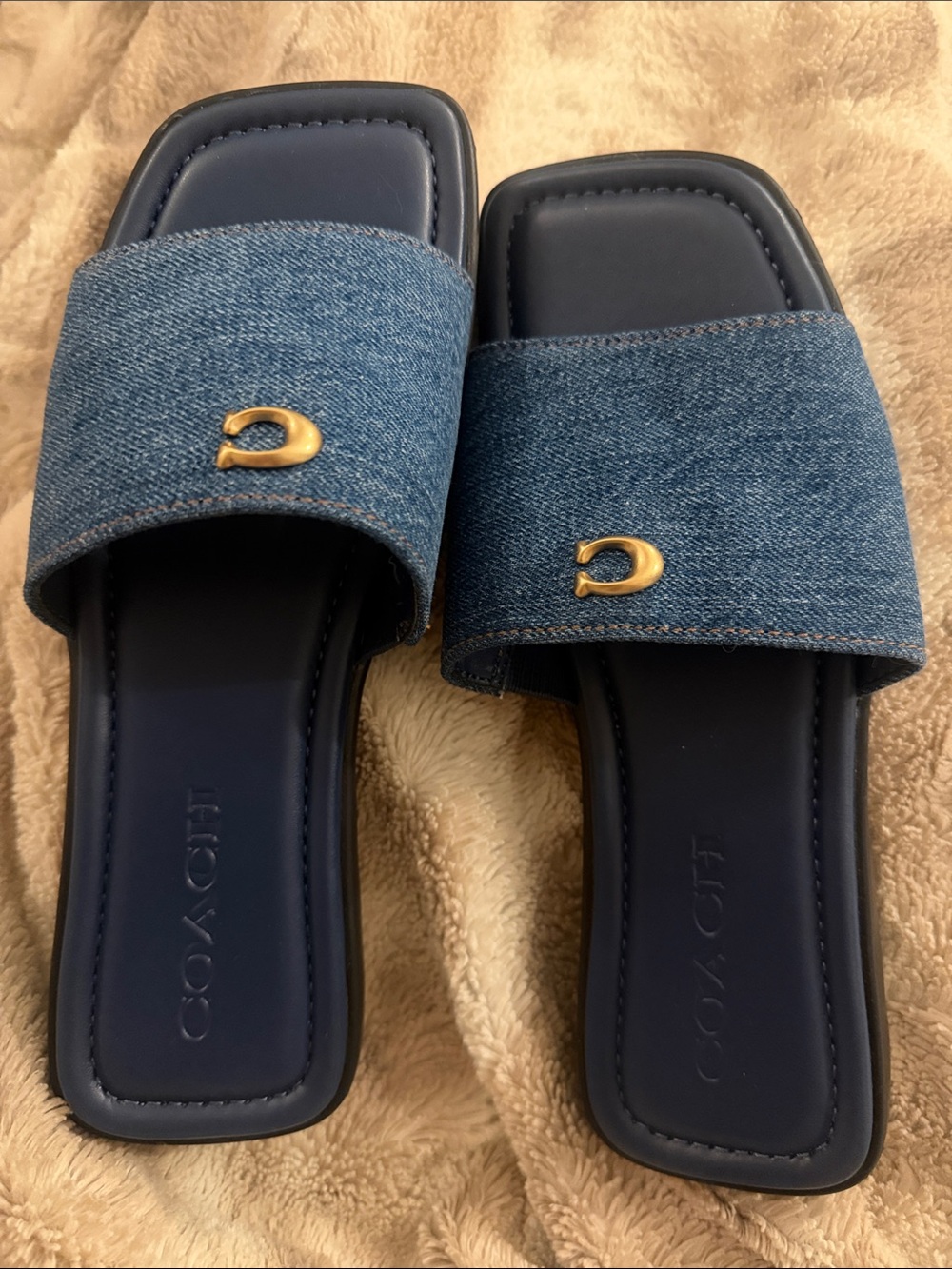 Coach Denim Slide Sandals in Navy with Gold Hardware size 6.5 NIB